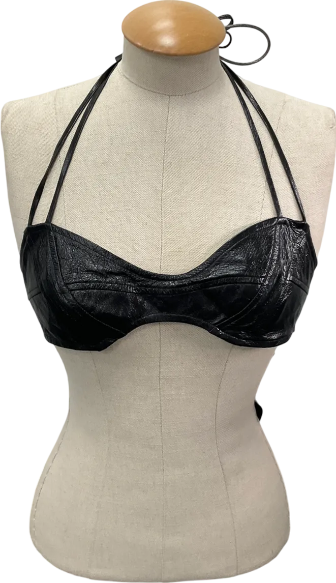 agro studios Black Leather Cross Back Strappy Halter Neck Crop Top UK S