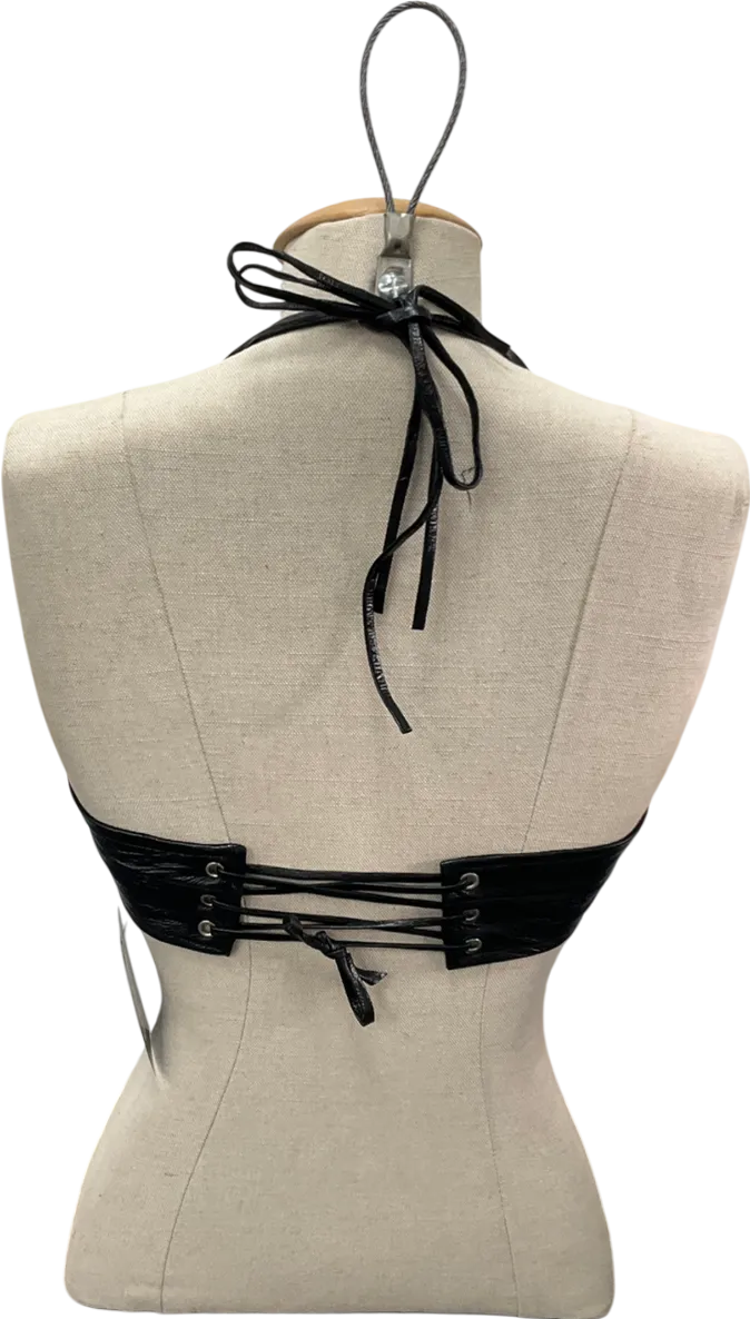 agro studios Black Leather Cross Back Strappy Halter Neck Crop Top UK S