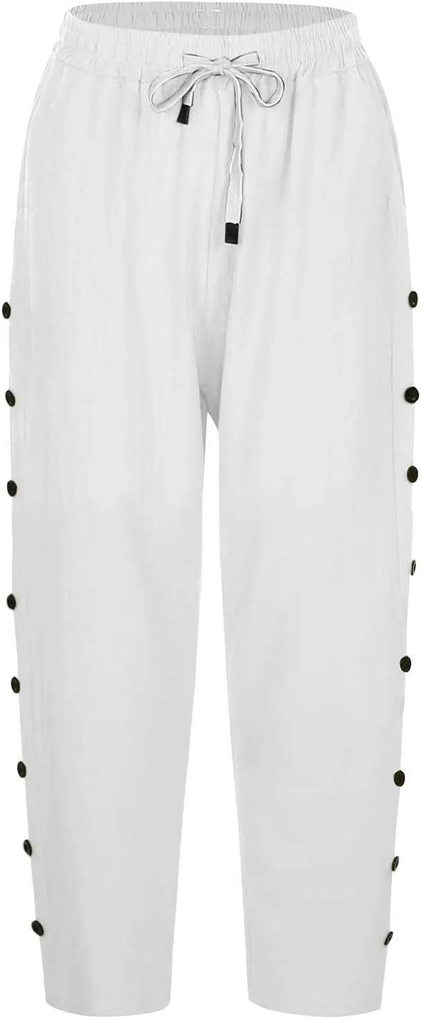 aihihe Linen Capri Pants for Women Casual Summer Striped Button Culottes Drawstring Cropped Pant Beach Travel Lounge Capris