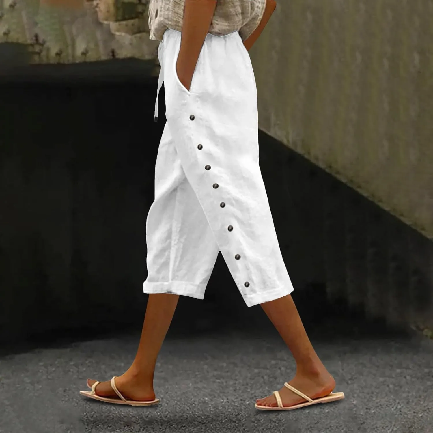 aihihe Linen Capri Pants for Women Casual Summer Striped Button Culottes Drawstring Cropped Pant Beach Travel Lounge Capris