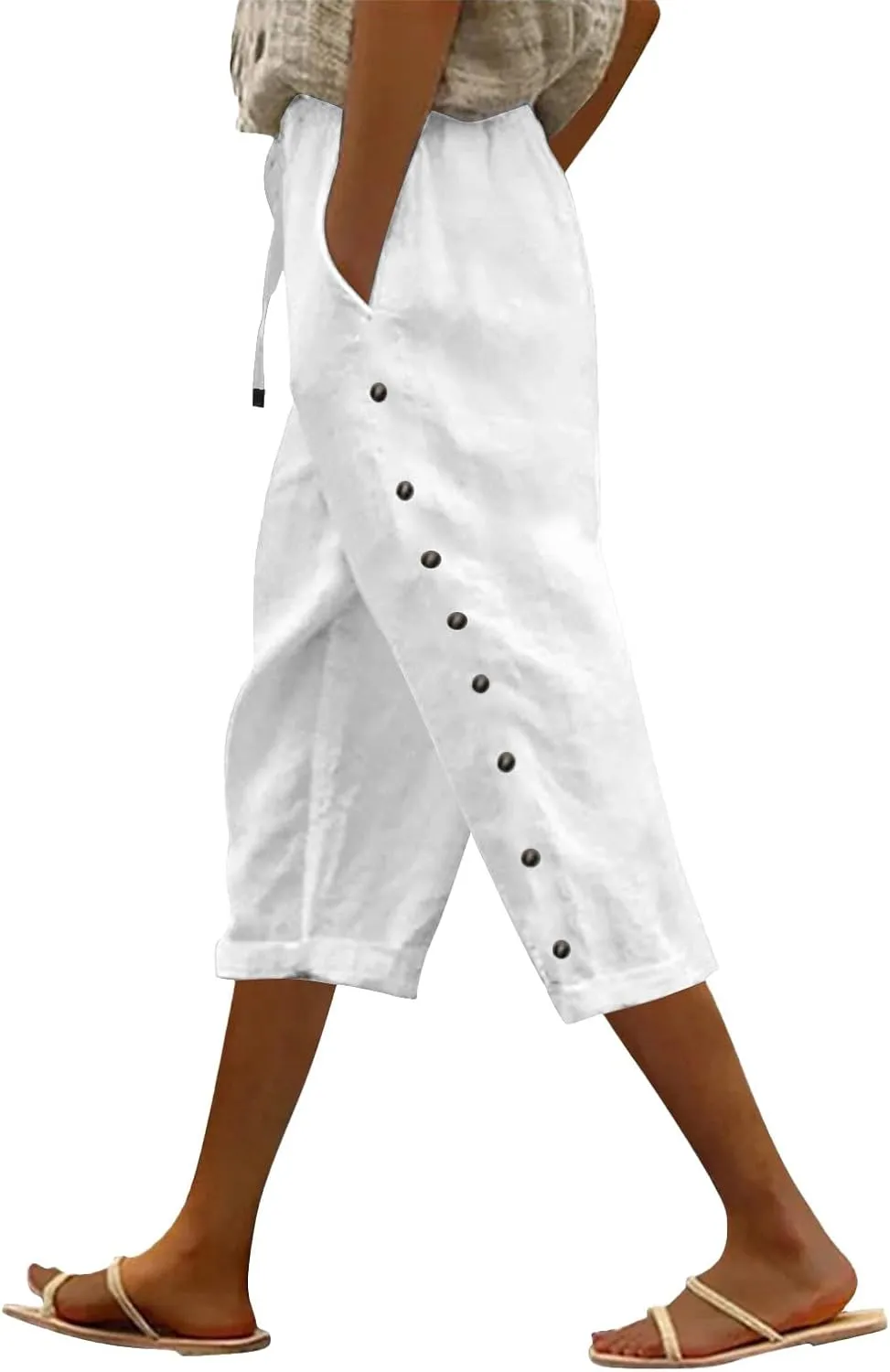 aihihe Linen Capri Pants for Women Casual Summer Striped Button Culottes Drawstring Cropped Pant Beach Travel Lounge Capris