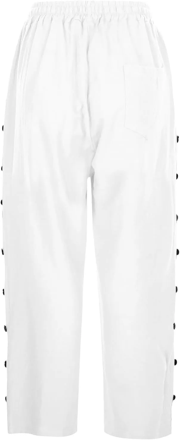 aihihe Linen Capri Pants for Women Casual Summer Striped Button Culottes Drawstring Cropped Pant Beach Travel Lounge Capris