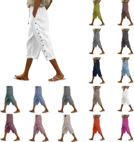 aihihe Linen Capri Pants for Women Casual Summer Striped Button Culottes Drawstring Cropped Pant Beach Travel Lounge Capris