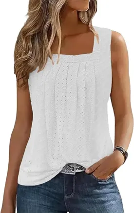 AIMITAG Color Block Ruffled Square Collar Tank Top Women Striped Tank Tee Summer Casual Loose Fit Sleeveless Shirt