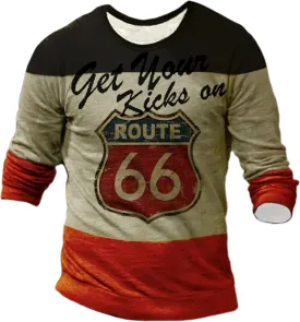 Akivide Retro V-Neck Button Henley Shirts for Men Route 66 Vintage Motorcycle Print Long Sleeve Lightweight Henley T Shirts