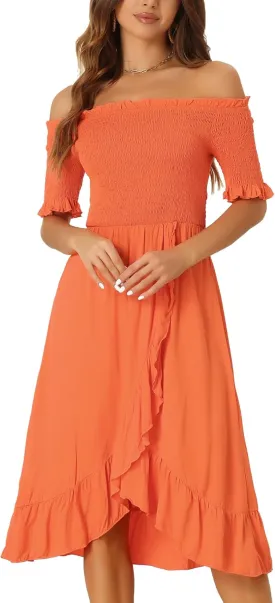 Allegra K Summer Smocked Dresses for Women's Off The Shoulder Ruffle Hem Midi Dress