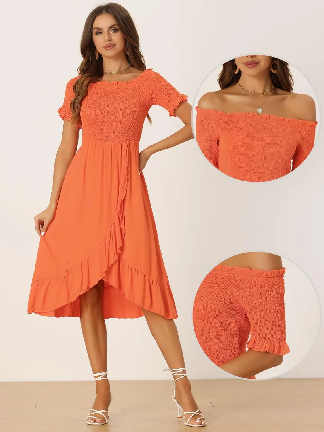 Allegra K Summer Smocked Dresses for Women's Off The Shoulder Ruffle Hem Midi Dress
