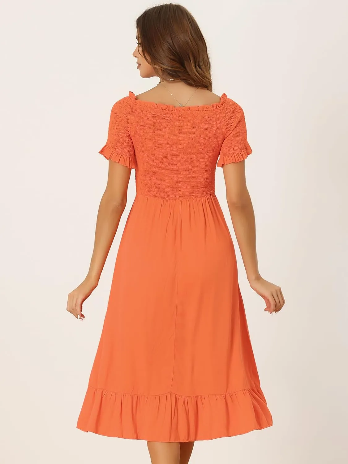 Allegra K Summer Smocked Dresses for Women's Off The Shoulder Ruffle Hem Midi Dress
