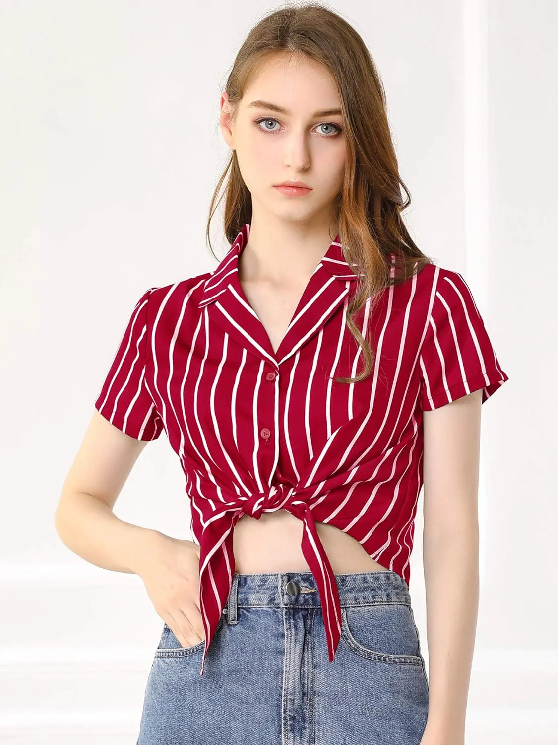 Allegra K Women's Striped Button Up Lapel Collar Top Short Sleeve Tie Front Crop Shirt