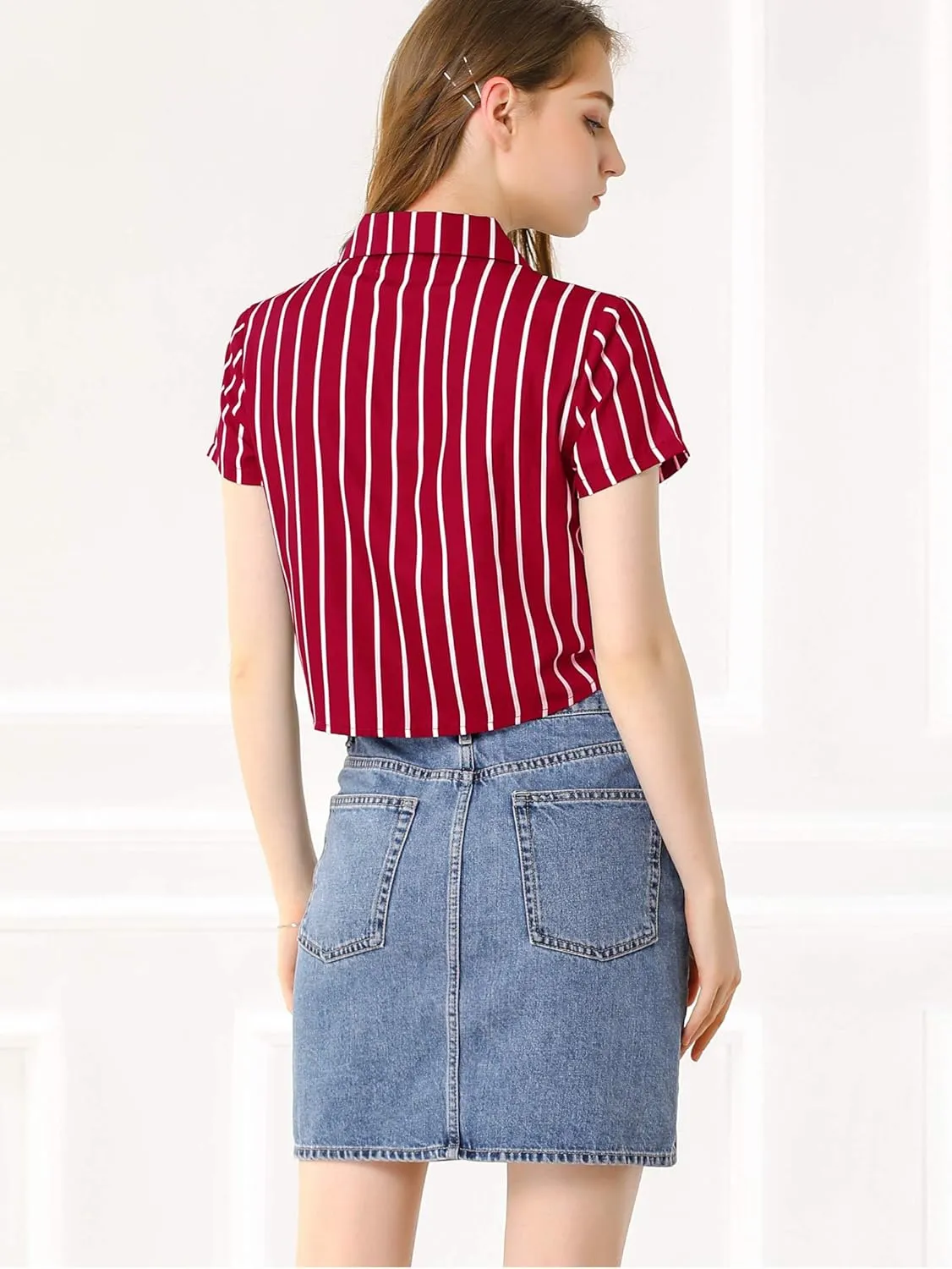 Allegra K Women's Striped Button Up Lapel Collar Top Short Sleeve Tie Front Crop Shirt