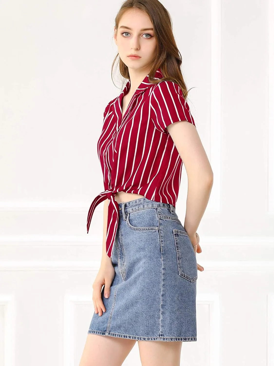 Allegra K Women's Striped Button Up Lapel Collar Top Short Sleeve Tie Front Crop Shirt