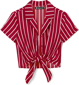 Allegra K Women's Striped Button Up Lapel Collar Top Short Sleeve Tie Front Crop Shirt