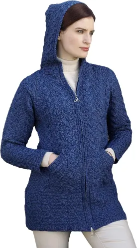 Aran Crafts Women's Irish Cable Knitted Wool Hooded Zip Coat (100% Merino Wool)