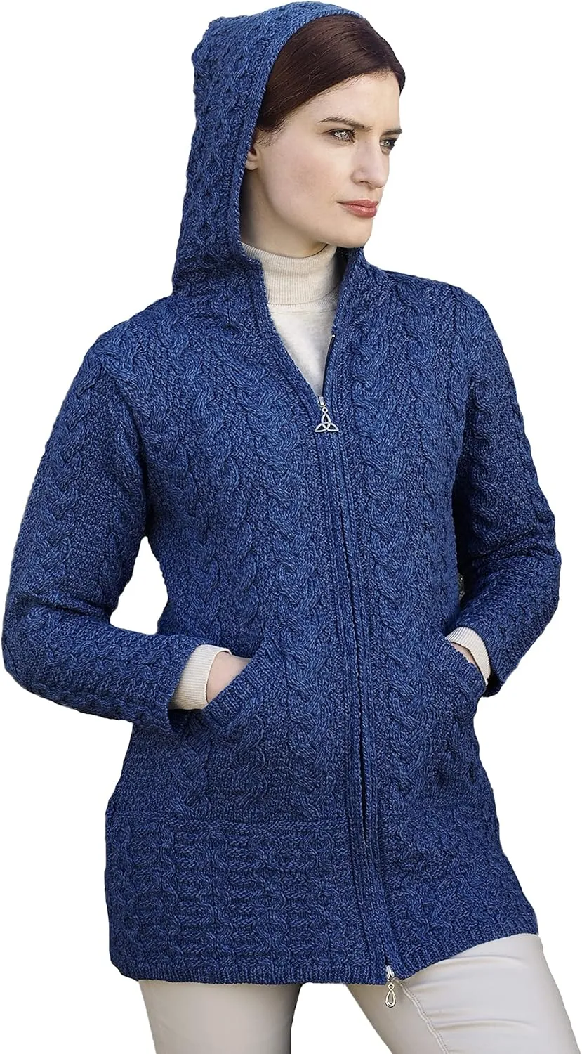 Aran Crafts Women's Irish Cable Knitted Wool Hooded Zip Coat (100% Merino Wool)