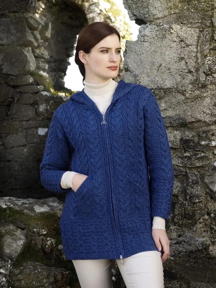 Aran Crafts Women's Irish Cable Knitted Wool Hooded Zip Coat (100% Merino Wool)