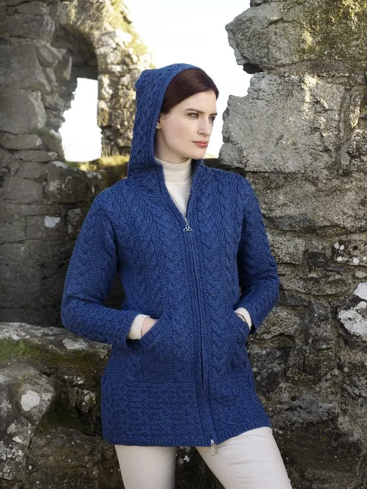 Aran Crafts Women's Irish Cable Knitted Wool Hooded Zip Coat (100% Merino Wool)