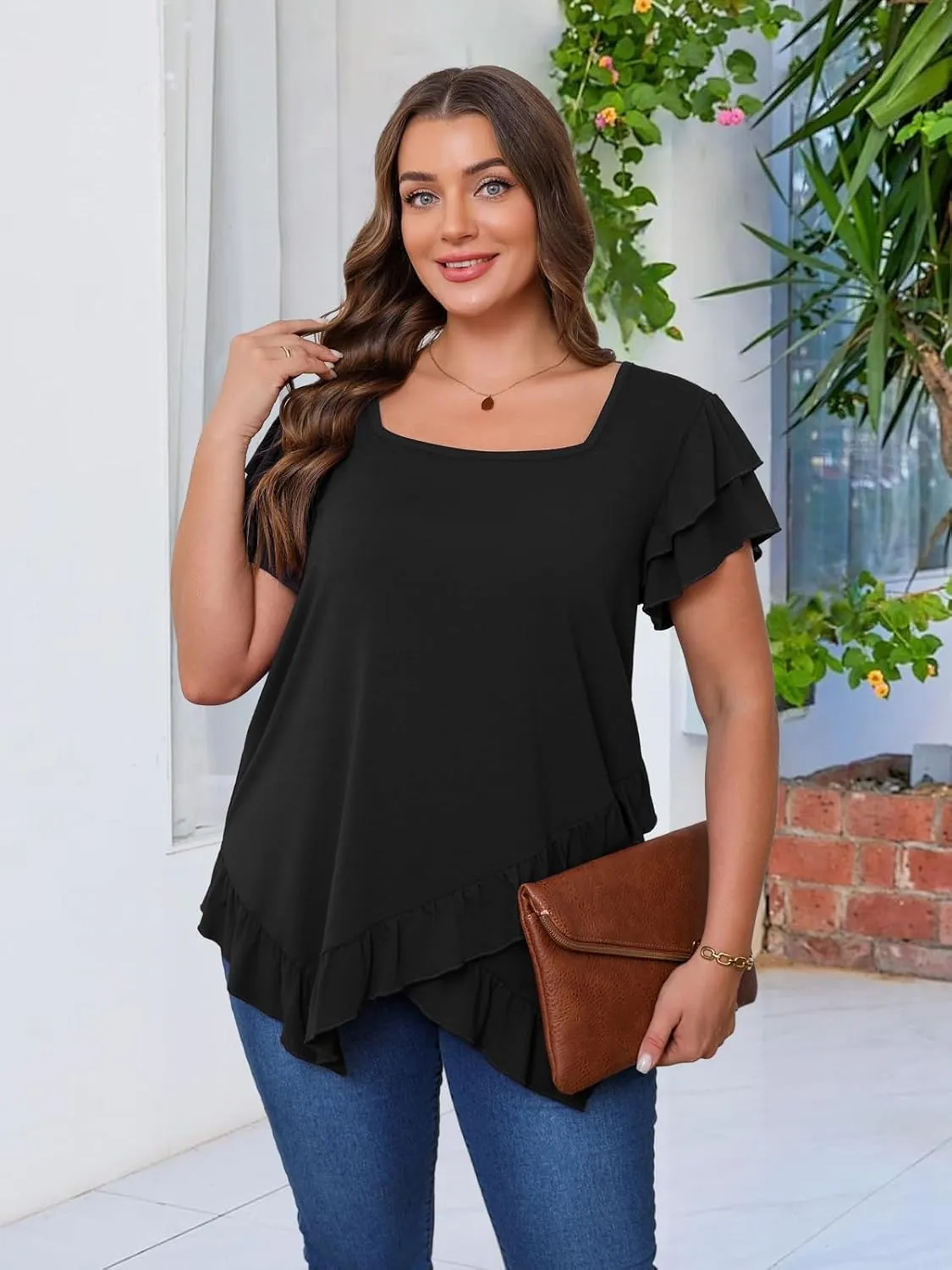 Beauhuty Womens Plus Size Shirts Square Neck Tops Ruffled Hem Tunic Casual Flowy Dressy Blouses Ruffle Short Sleeves Summer
