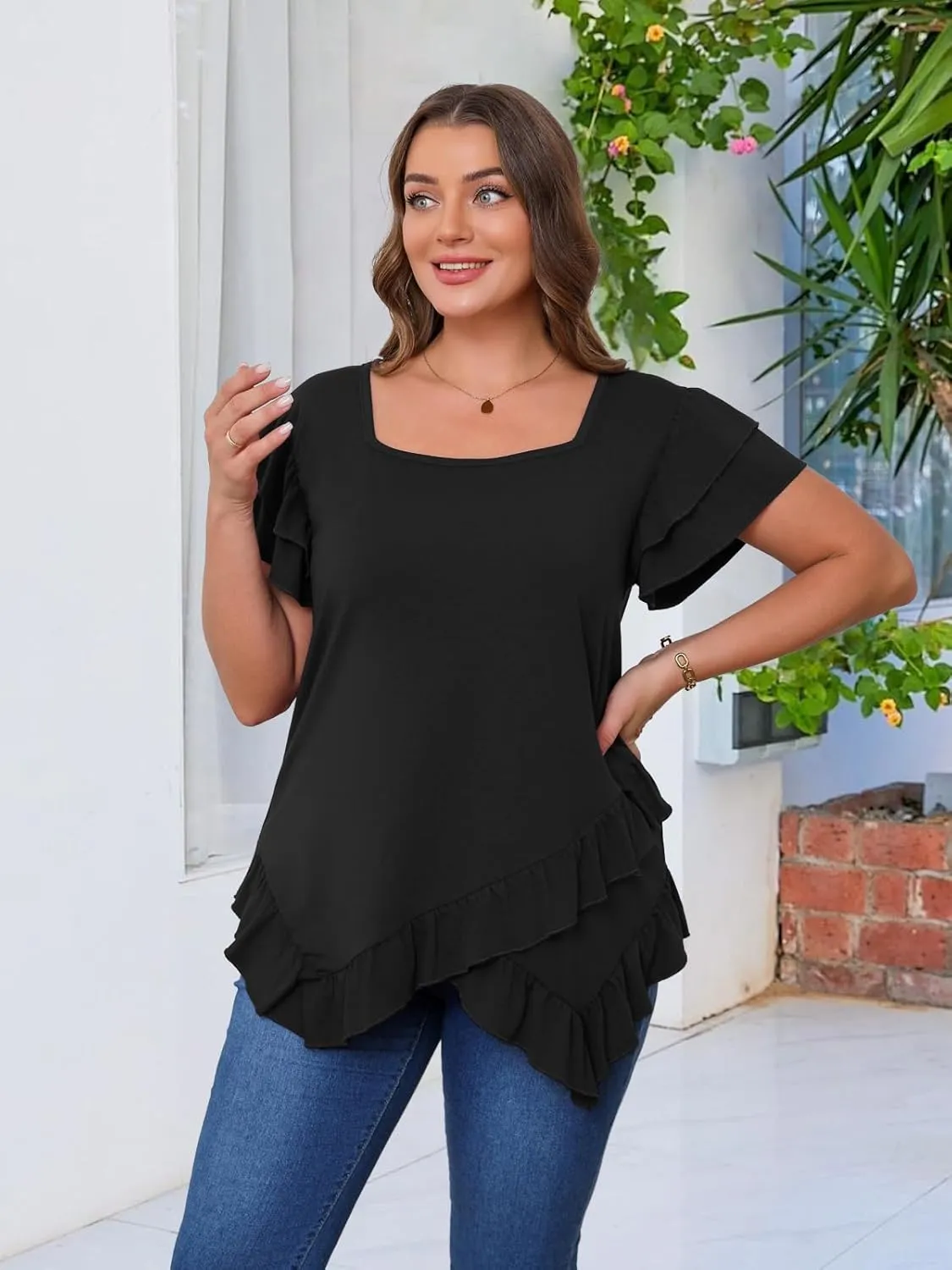 Beauhuty Womens Plus Size Shirts Square Neck Tops Ruffled Hem Tunic Casual Flowy Dressy Blouses Ruffle Short Sleeves Summer