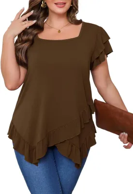 Beauhuty Womens Plus Size Shirts Square Neck Tops Ruffled Hem Tunic Casual Flowy Dressy Blouses Ruffle Short Sleeves Summer