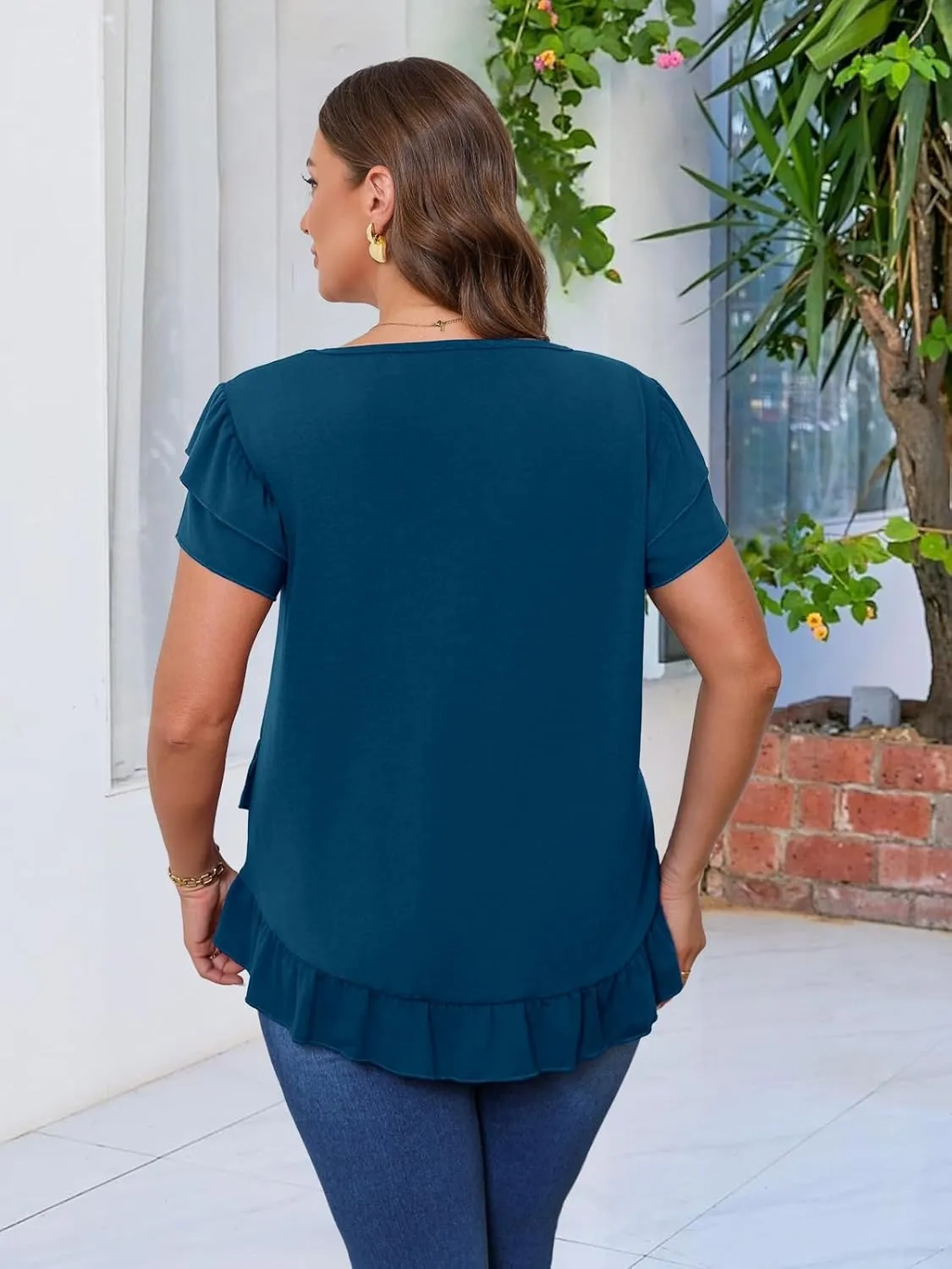 Beauhuty Womens Plus Size Shirts Square Neck Tops Ruffled Hem Tunic Casual Flowy Dressy Blouses Ruffle Short Sleeves Summer