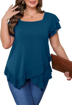 Beauhuty Womens Plus Size Shirts Square Neck Tops Ruffled Hem Tunic Casual Flowy Dressy Blouses Ruffle Short Sleeves Summer