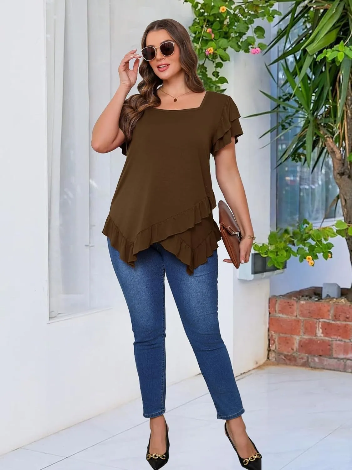Beauhuty Womens Plus Size Shirts Square Neck Tops Ruffled Hem Tunic Casual Flowy Dressy Blouses Ruffle Short Sleeves Summer