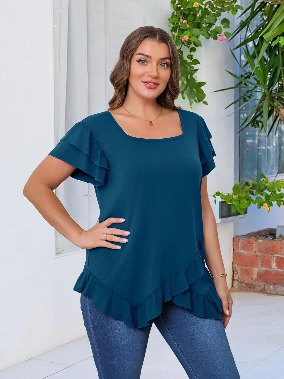 Beauhuty Womens Plus Size Shirts Square Neck Tops Ruffled Hem Tunic Casual Flowy Dressy Blouses Ruffle Short Sleeves Summer