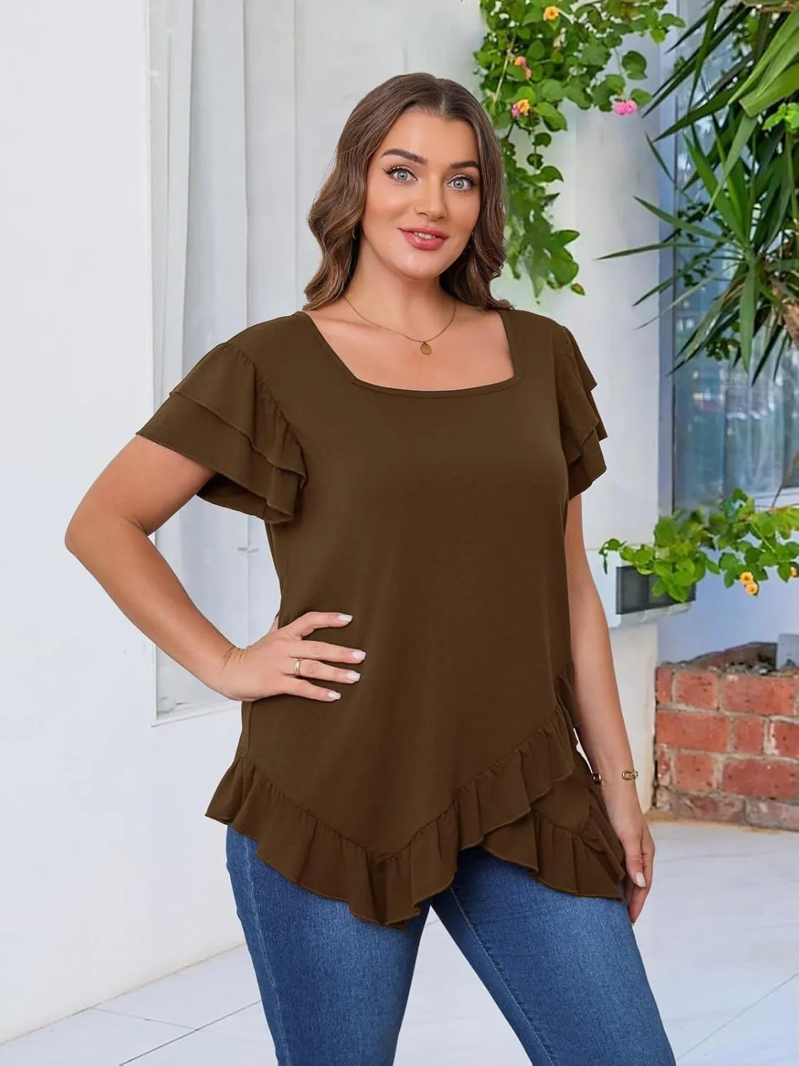 Beauhuty Womens Plus Size Shirts Square Neck Tops Ruffled Hem Tunic Casual Flowy Dressy Blouses Ruffle Short Sleeves Summer