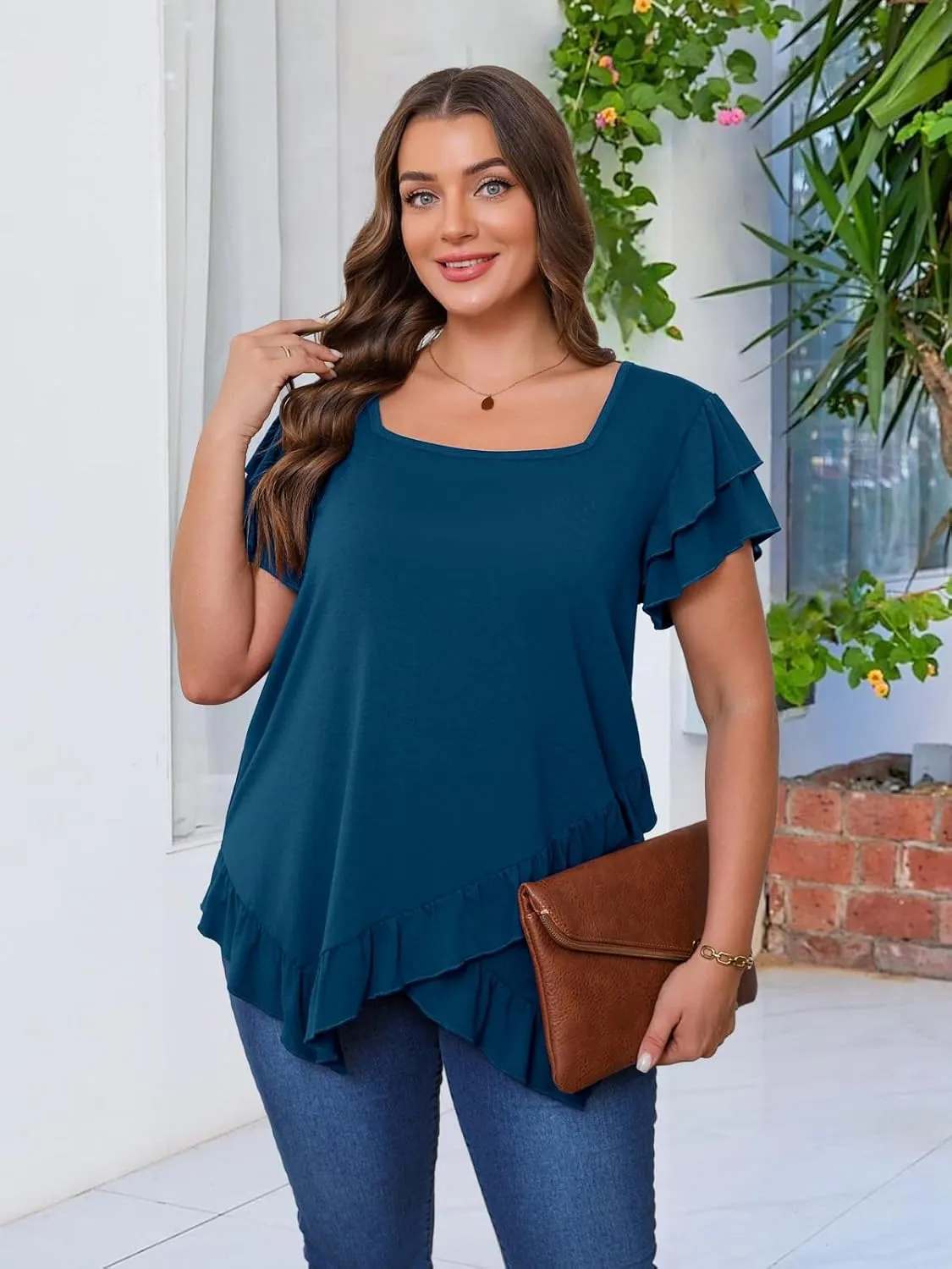 Beauhuty Womens Plus Size Shirts Square Neck Tops Ruffled Hem Tunic Casual Flowy Dressy Blouses Ruffle Short Sleeves Summer