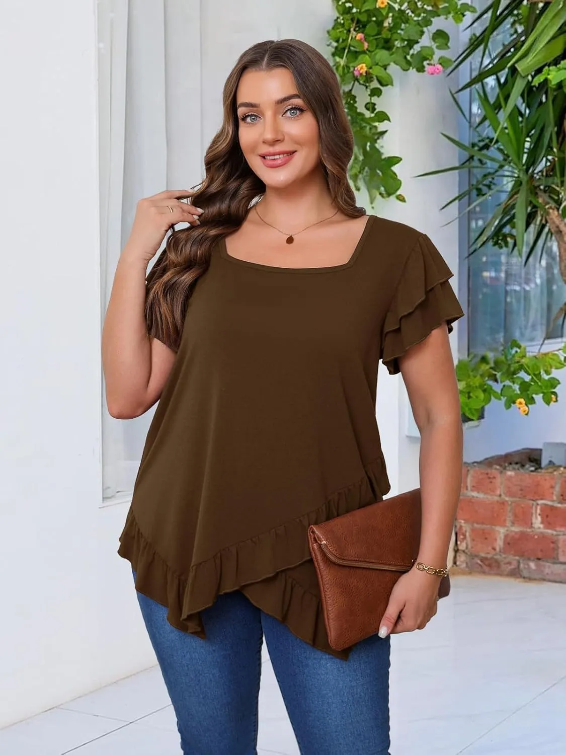Beauhuty Womens Plus Size Shirts Square Neck Tops Ruffled Hem Tunic Casual Flowy Dressy Blouses Ruffle Short Sleeves Summer