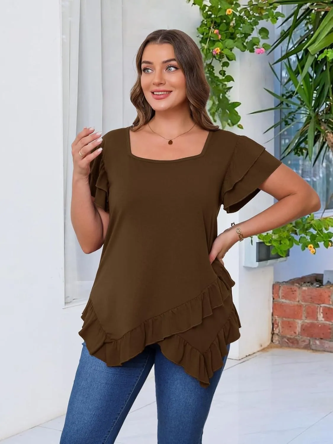 Beauhuty Womens Plus Size Shirts Square Neck Tops Ruffled Hem Tunic Casual Flowy Dressy Blouses Ruffle Short Sleeves Summer
