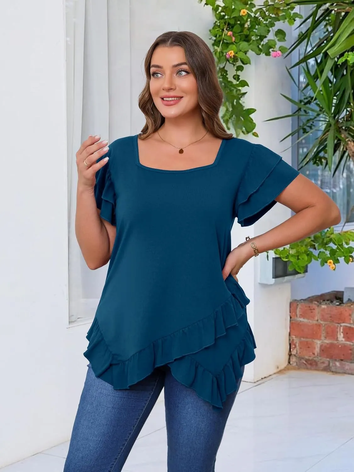 Beauhuty Womens Plus Size Shirts Square Neck Tops Ruffled Hem Tunic Casual Flowy Dressy Blouses Ruffle Short Sleeves Summer
