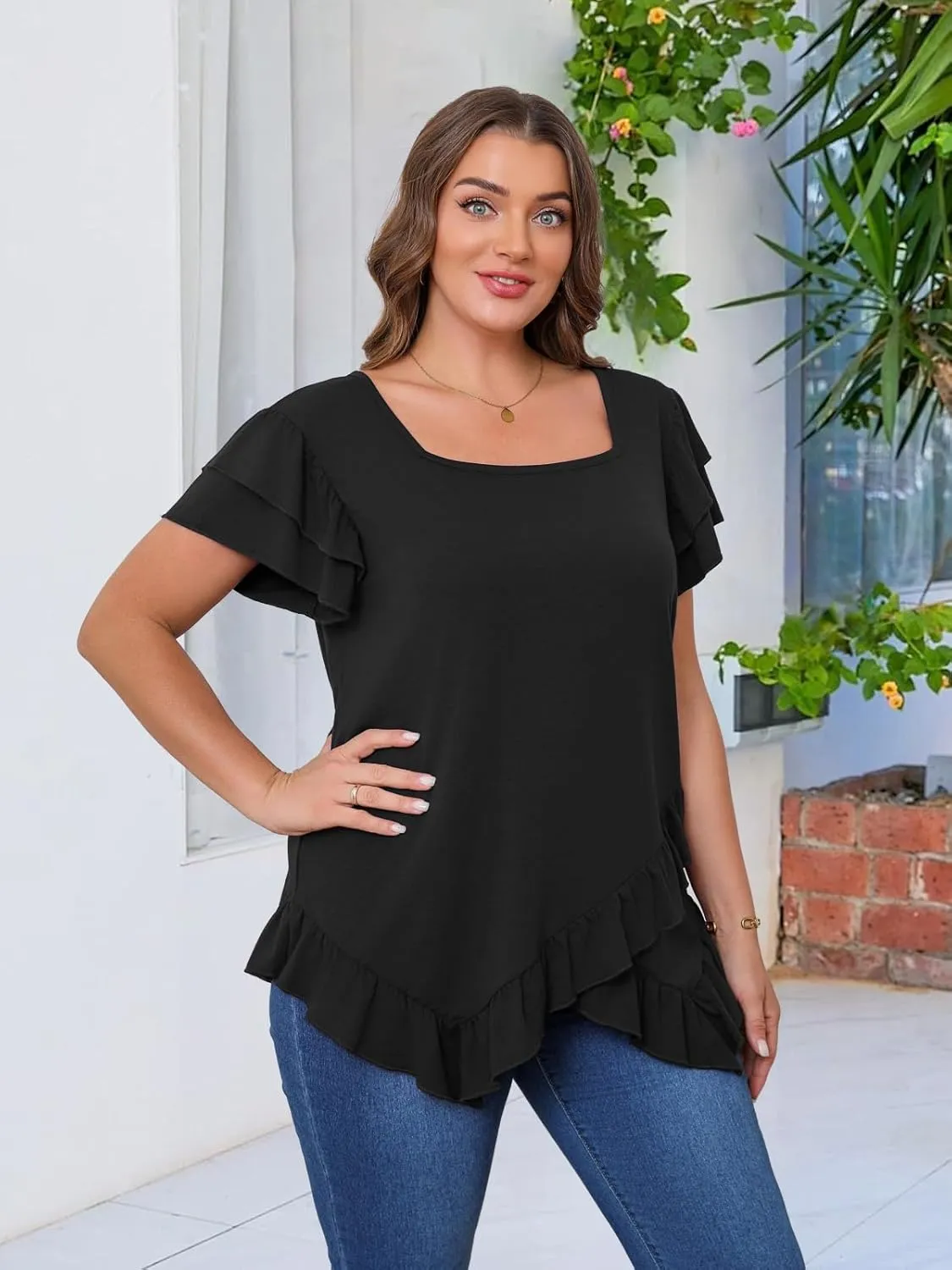 Beauhuty Womens Plus Size Shirts Square Neck Tops Ruffled Hem Tunic Casual Flowy Dressy Blouses Ruffle Short Sleeves Summer