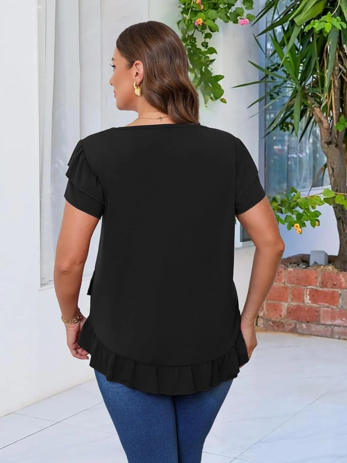 Beauhuty Womens Plus Size Shirts Square Neck Tops Ruffled Hem Tunic Casual Flowy Dressy Blouses Ruffle Short Sleeves Summer