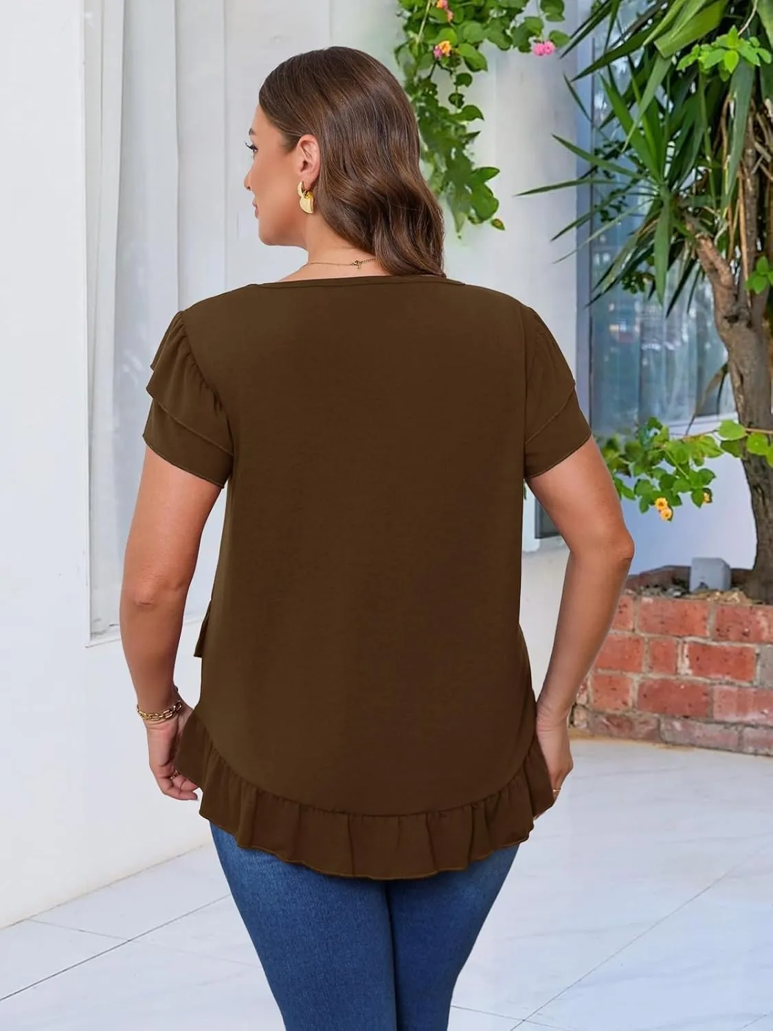 Beauhuty Womens Plus Size Shirts Square Neck Tops Ruffled Hem Tunic Casual Flowy Dressy Blouses Ruffle Short Sleeves Summer