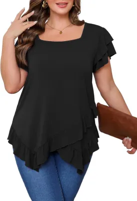 Beauhuty Womens Plus Size Shirts Square Neck Tops Ruffled Hem Tunic Casual Flowy Dressy Blouses Ruffle Short Sleeves Summer