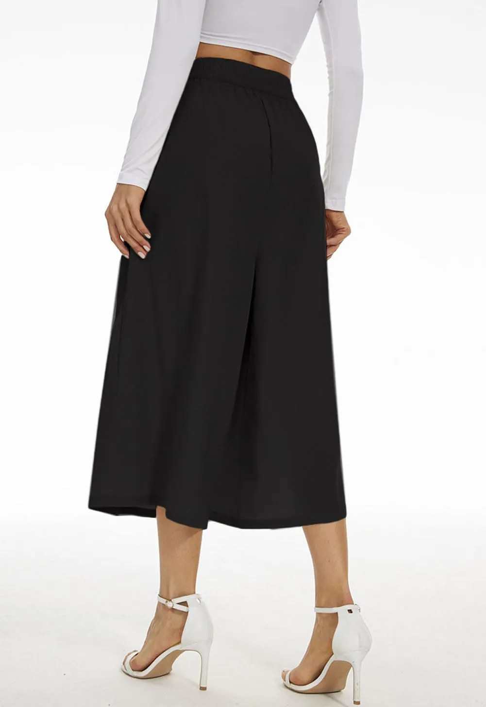 Double Plus Open Womens Casual Wide Leg Flowy Cropped Pants High Elastic Waist Drawstring Culottes with Pockets