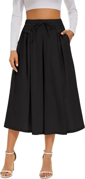 Double Plus Open Womens Casual Wide Leg Flowy Cropped Pants High Elastic Waist Drawstring Culottes with Pockets