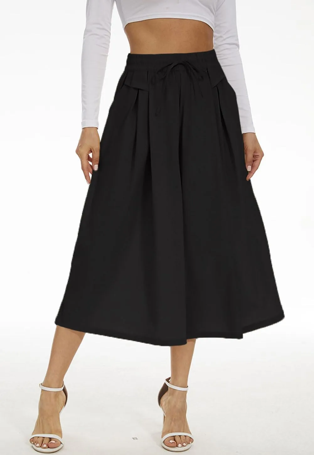 Double Plus Open Womens Casual Wide Leg Flowy Cropped Pants High Elastic Waist Drawstring Culottes with Pockets