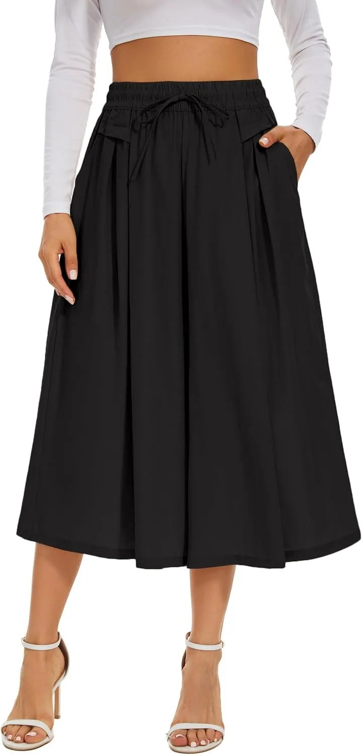 Double Plus Open Womens Casual Wide Leg Flowy Cropped Pants High Elastic Waist Drawstring Culottes with Pockets