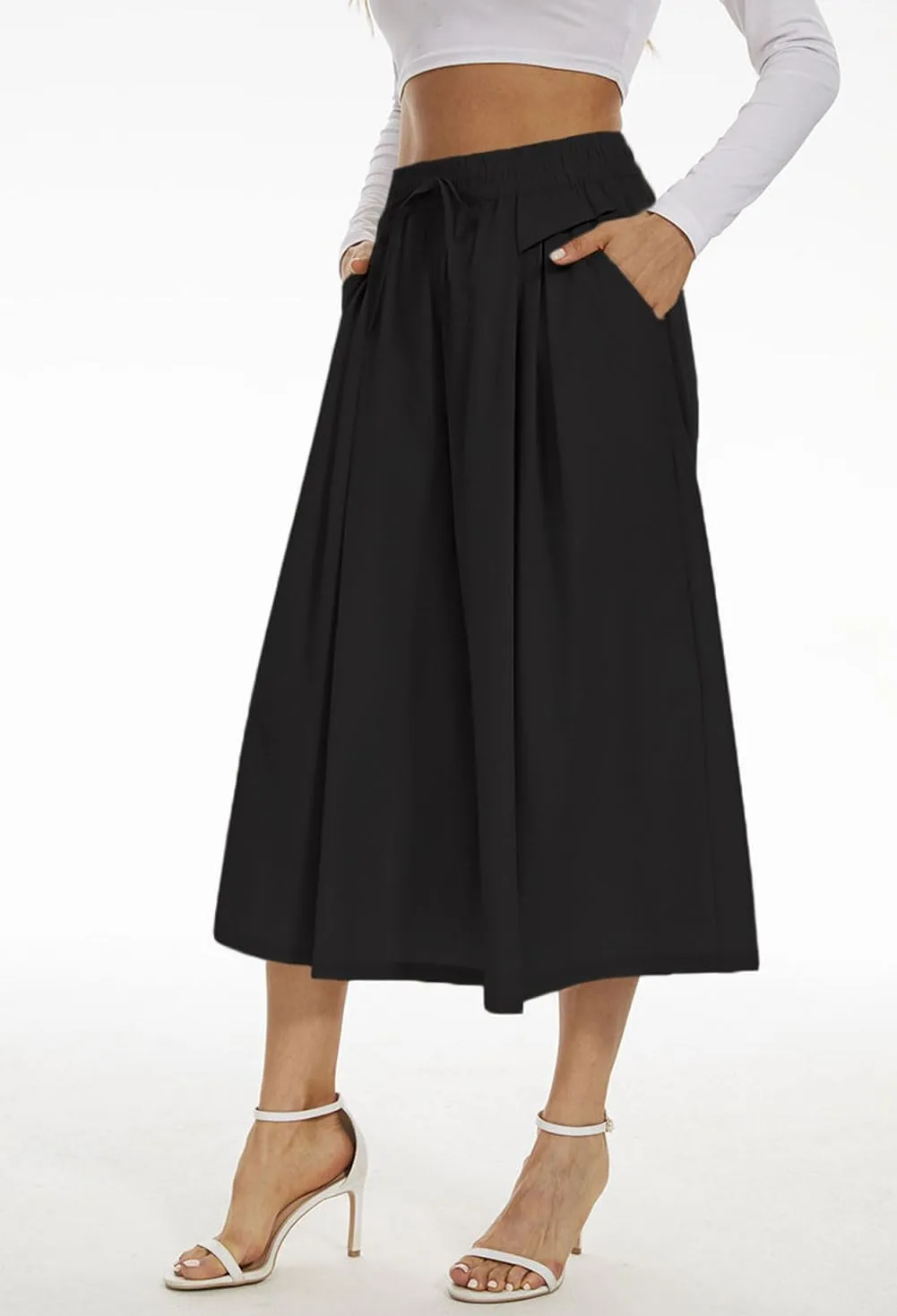 Double Plus Open Womens Casual Wide Leg Flowy Cropped Pants High Elastic Waist Drawstring Culottes with Pockets