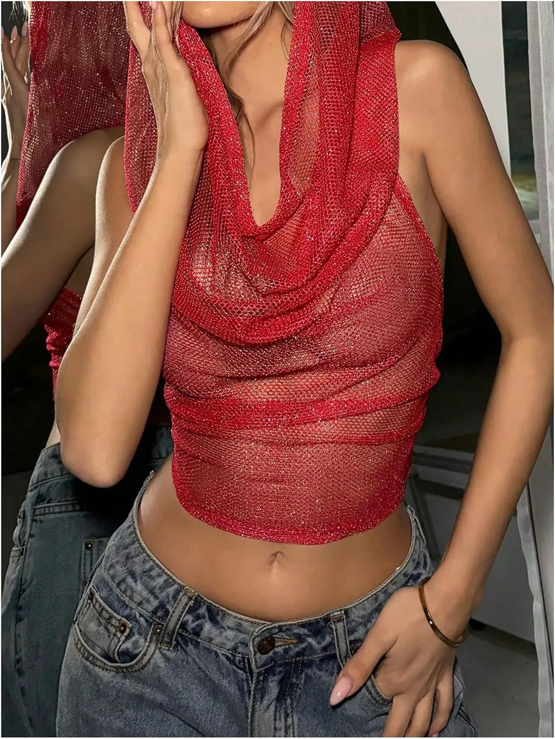 Floerns Women's Tie Backless Halter Tops Draped Front Cropped Hoodie