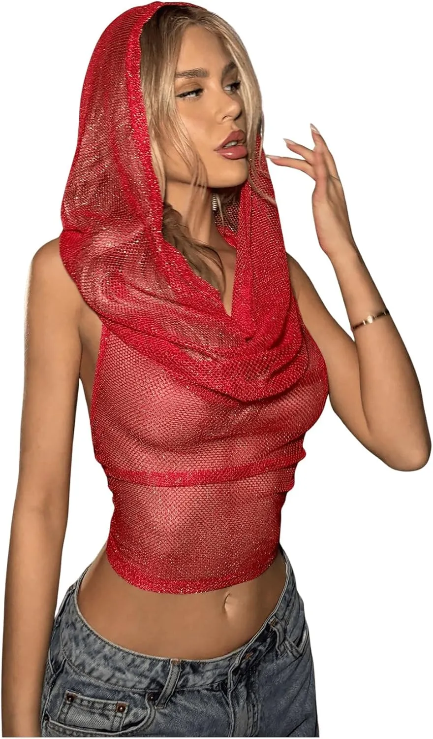 Floerns Women's Tie Backless Halter Tops Draped Front Cropped Hoodie
