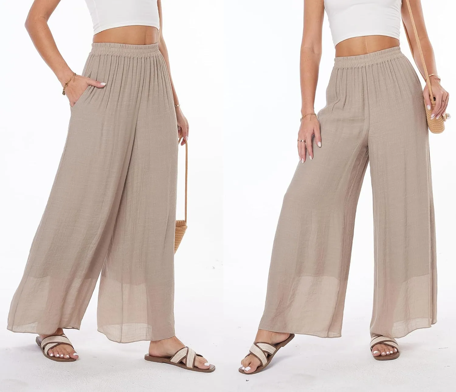 heipeiwa Women's Summer Linen Pants Double Layers Casual Wide Leg Palazzo Pants Beach Dress Loose Linen Culottes Pant