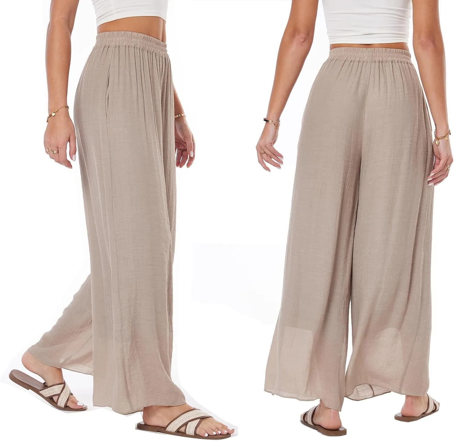 heipeiwa Women's Summer Linen Pants Double Layers Casual Wide Leg Palazzo Pants Beach Dress Loose Linen Culottes Pant