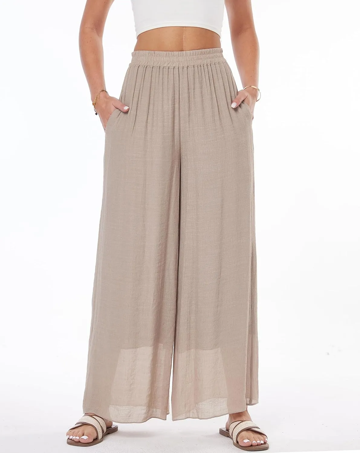 heipeiwa Women's Summer Linen Pants Double Layers Casual Wide Leg Palazzo Pants Beach Dress Loose Linen Culottes Pant