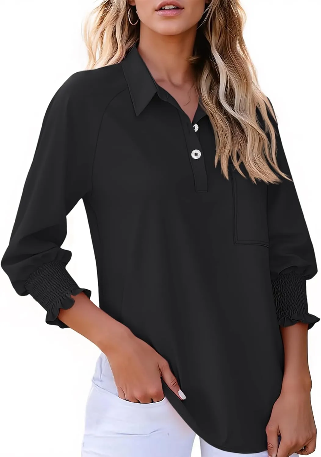 Kistore Womens Button Down Shirts 3/4 Sleeve Smocked Cuffed Business Work Tunic Top with Pocket Collared Blouses