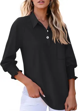 Kistore Womens Button Down Shirts 3/4 Sleeve Smocked Cuffed Business Work Tunic Top with Pocket Collared Blouses