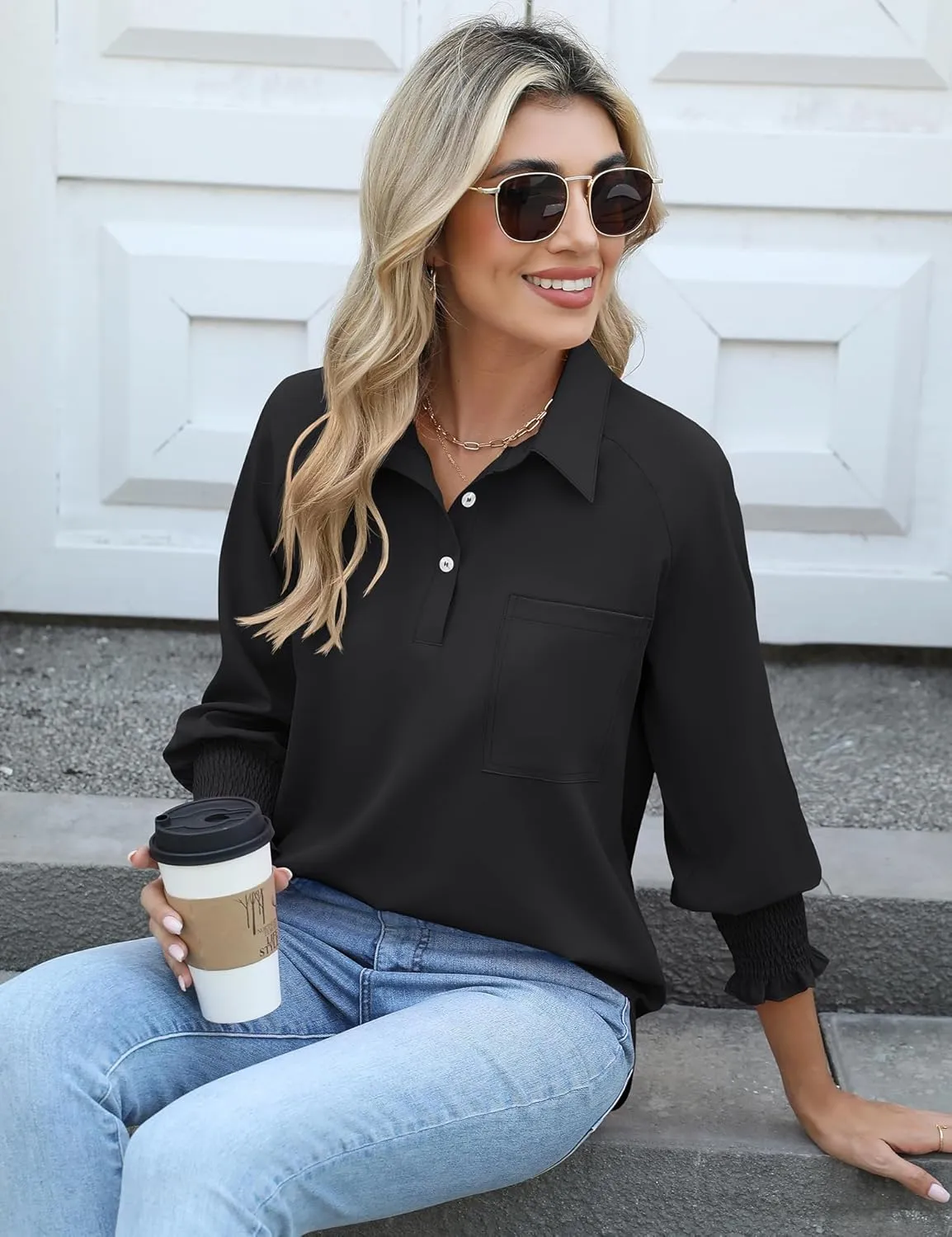Kistore Womens Button Down Shirts 3/4 Sleeve Smocked Cuffed Business Work Tunic Top with Pocket Collared Blouses