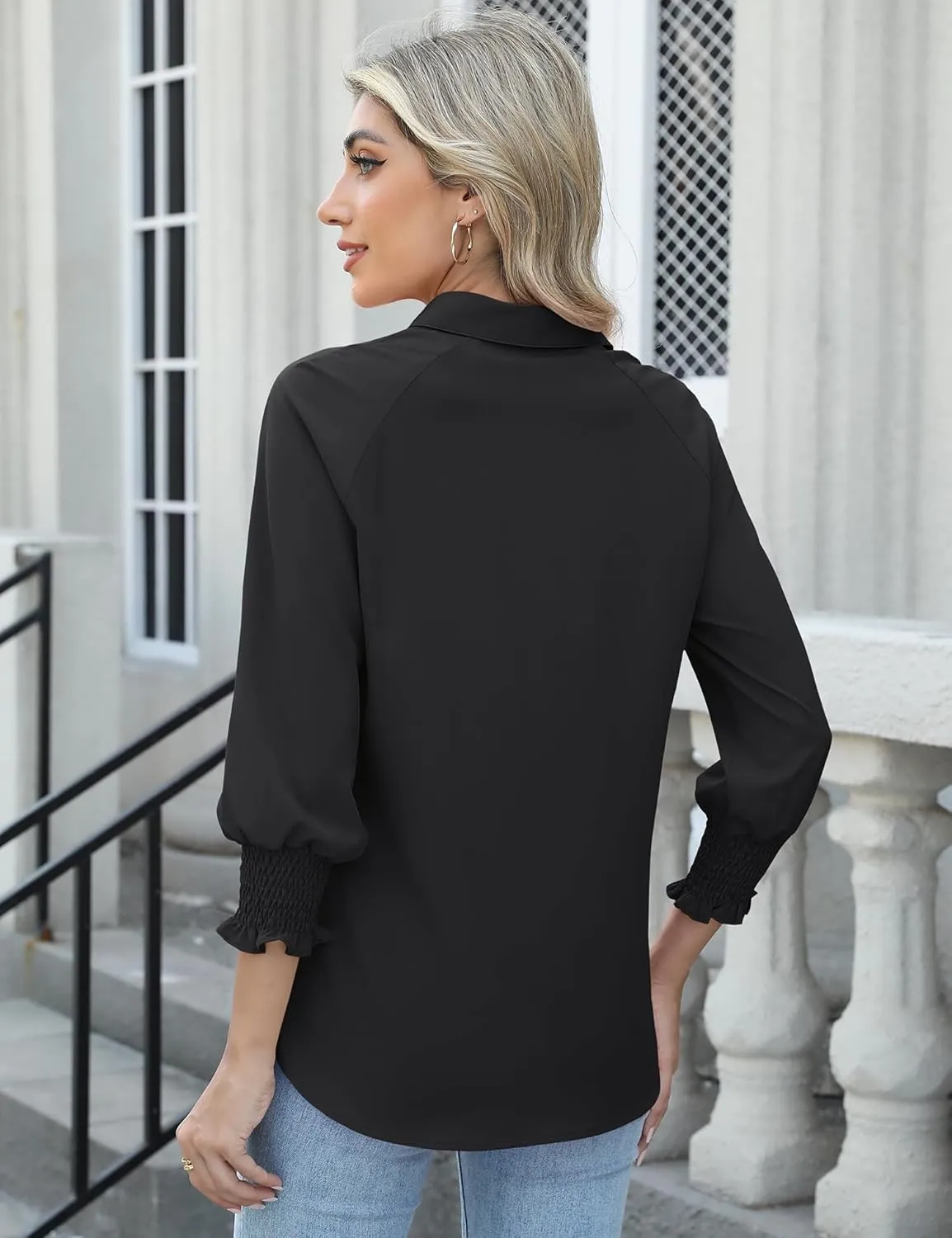 Kistore Womens Button Down Shirts 3/4 Sleeve Smocked Cuffed Business Work Tunic Top with Pocket Collared Blouses